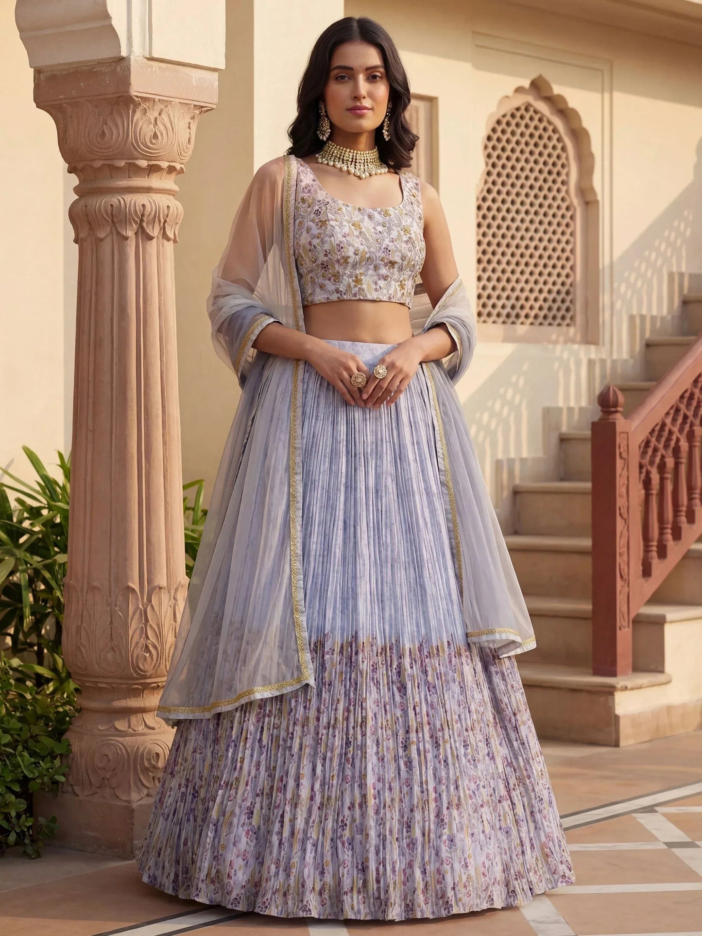 Tulsi Art Enchanting Blue Floral Printed Georgette Festival Wear Lehenga Choli