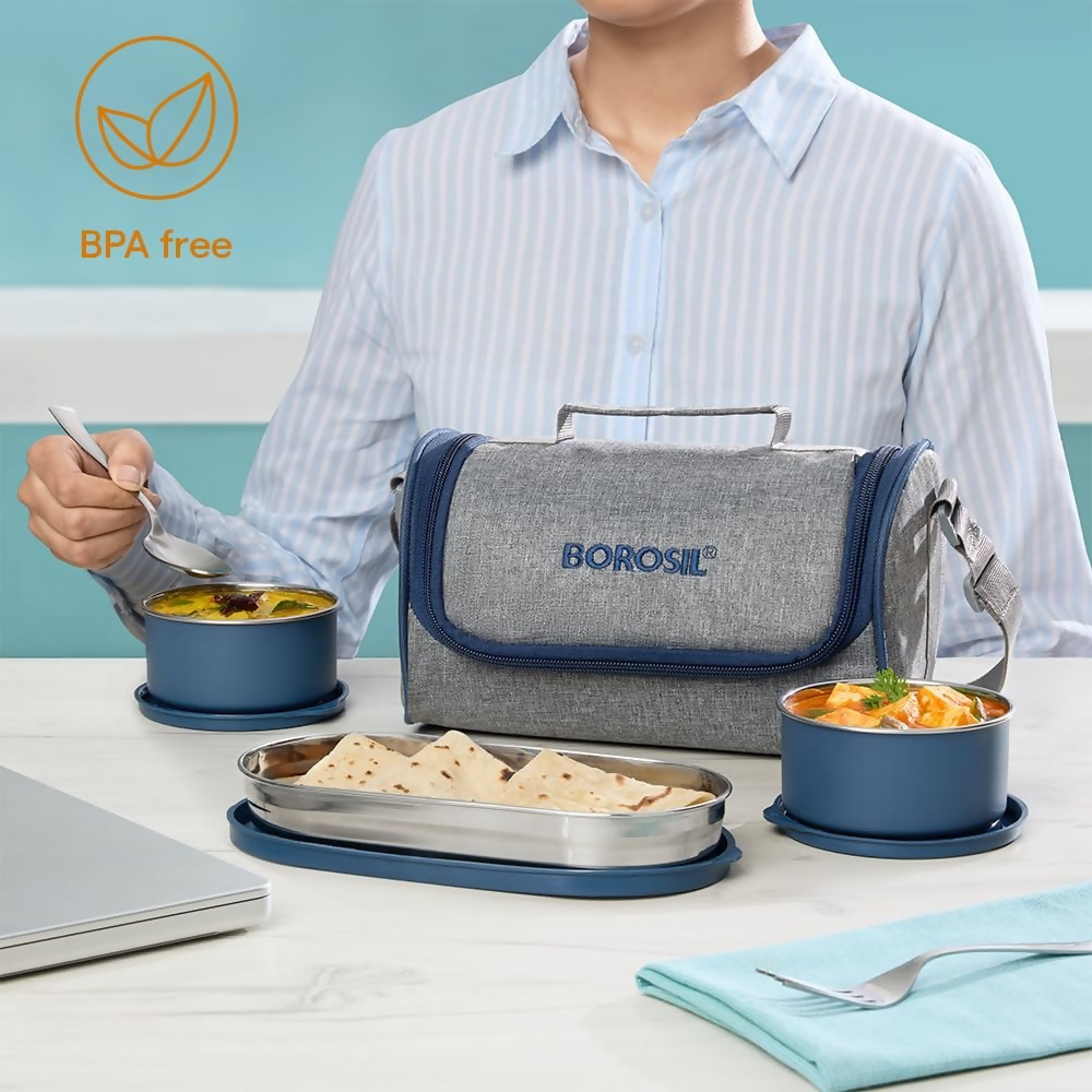 Borosil Carrymore Microwavable Stainless Steel Lunchbox with Bag