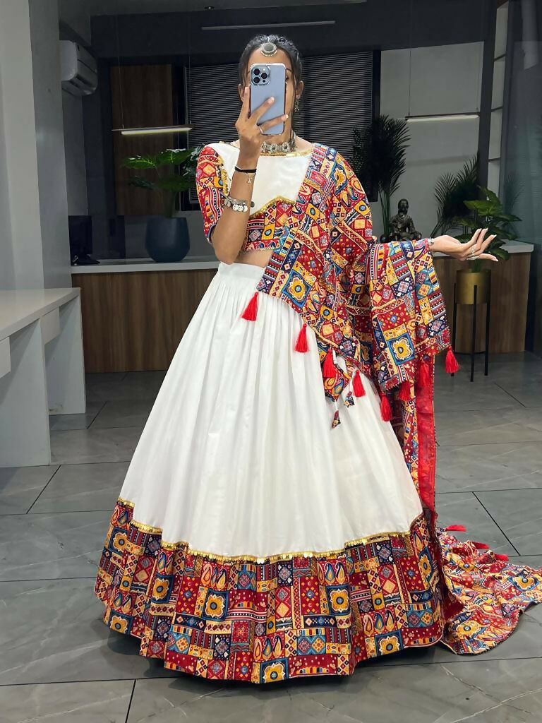 Yash Enterprise White Red Rayon Cotton Embroidery Semi Stitched Navratri Chaniya Choli