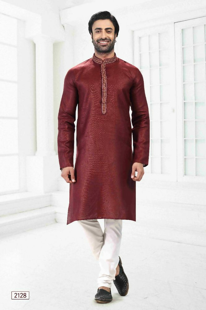 Raivat Ethnic Linen Cotton Thread Work Kurta Pajama In Maroon Colour