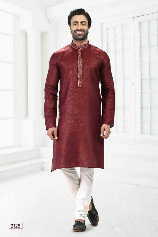 Raivat Ethnic Linen Cotton Thread Work Kurta Pajama In Maroon Colour