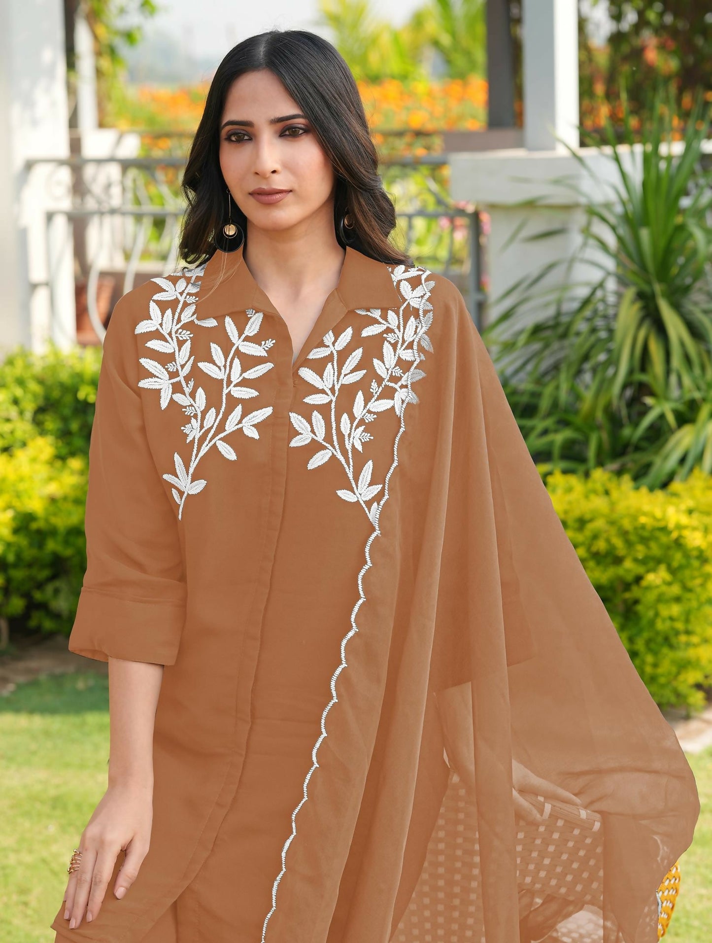 Nikhaar Light Brown Embroidered Viscose Georgette Stitched Straight Cut Kurta Culottes Dupatta Readymade Suit