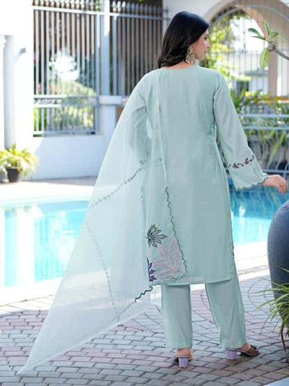 Nikhaar Sea Green Embroidered Art Silk Stitched Straight Cut Kurta Pants Dupatta Readymade Suit
