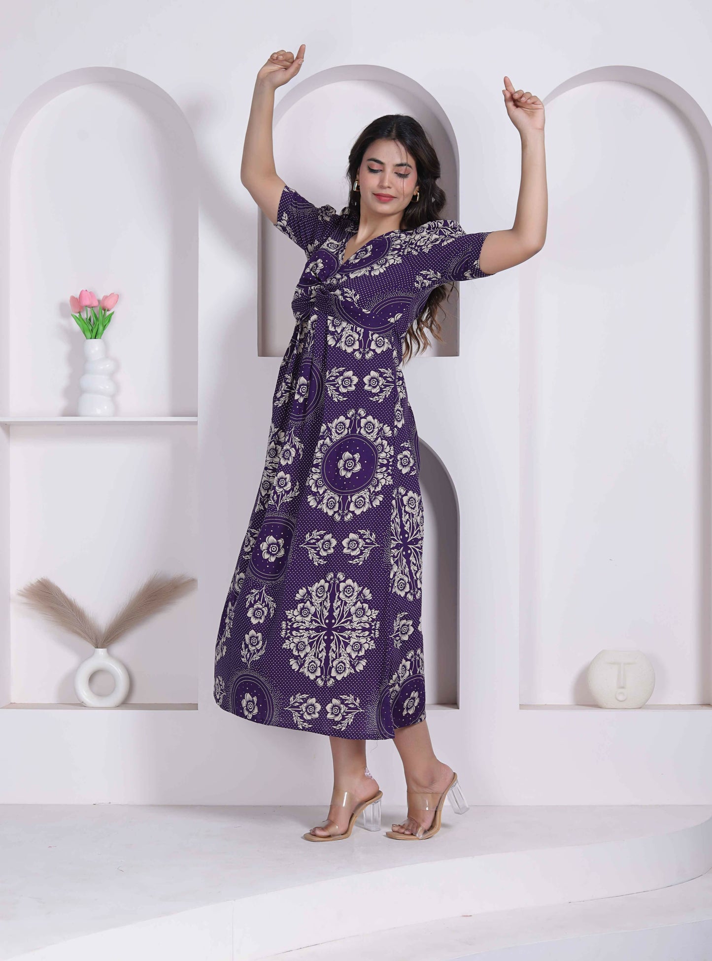 Miravan Womens Floral Printed Cotton Butterfly Maxi Dress
