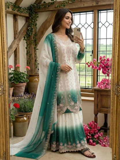 Teeya Creation New Trending Heavy Dual Tone Peding Star Georgette Green Kurta Set