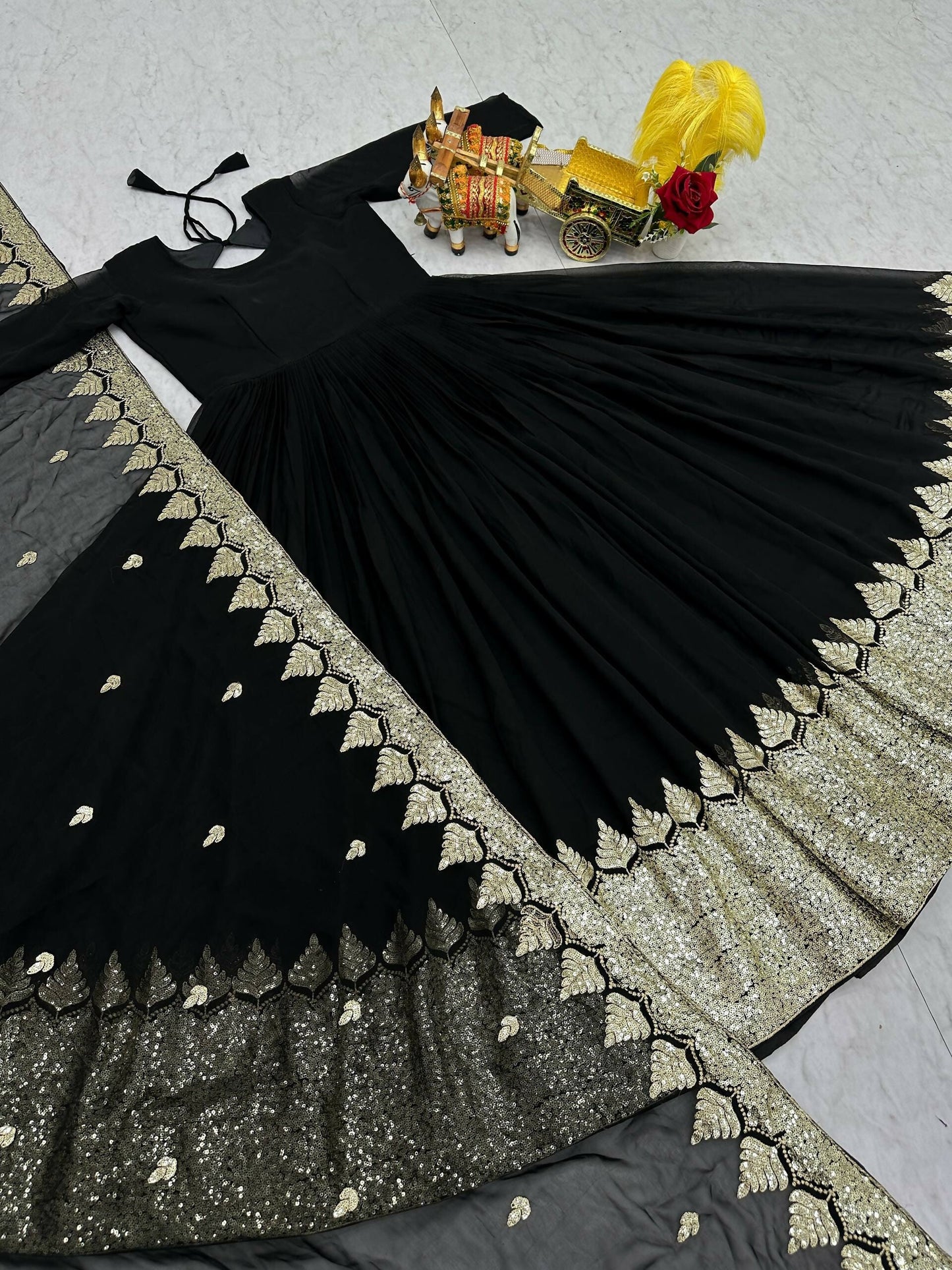 Teeya Creation Womens New Stylish Heavy Sequence Embroidery Work Black Gown Set