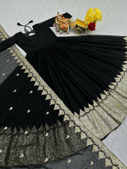 Teeya Creation Womens New Stylish Heavy Sequence Embroidery Work Black Gown Set