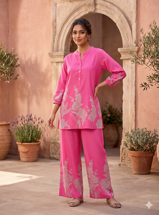Teeya Creation Stylish Pink Casual Co-ord Set with Floral Print