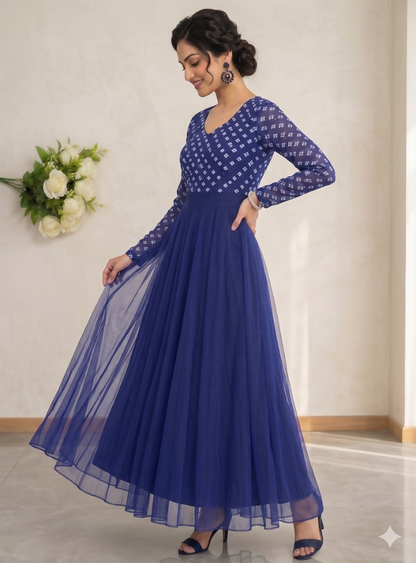 Teeya Creation Women's Royal Blue Bandhani Print Anarkali Gown