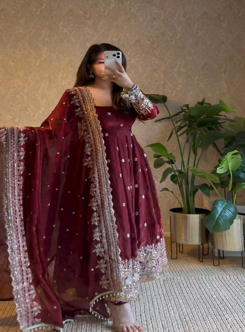 Teeya Creation Dark Maroon Heavily Embroidered Festive Wear Anarkali Salwar Suit
