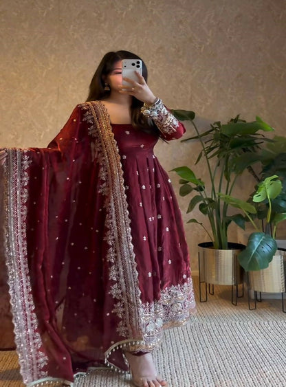 Teeya Creation Dark Maroon Heavily Embroidered Festive Wear Anarkali Salwar Suit