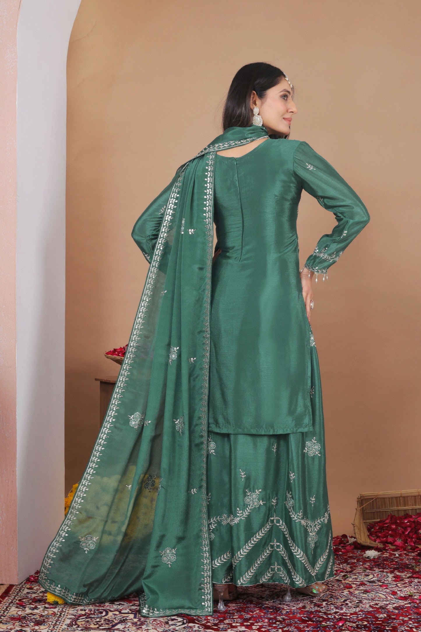 The52 Women's Gorgeous Embroidery Work Chinon Fabric Straight Kurta Sharara and Dupatta Set-Green