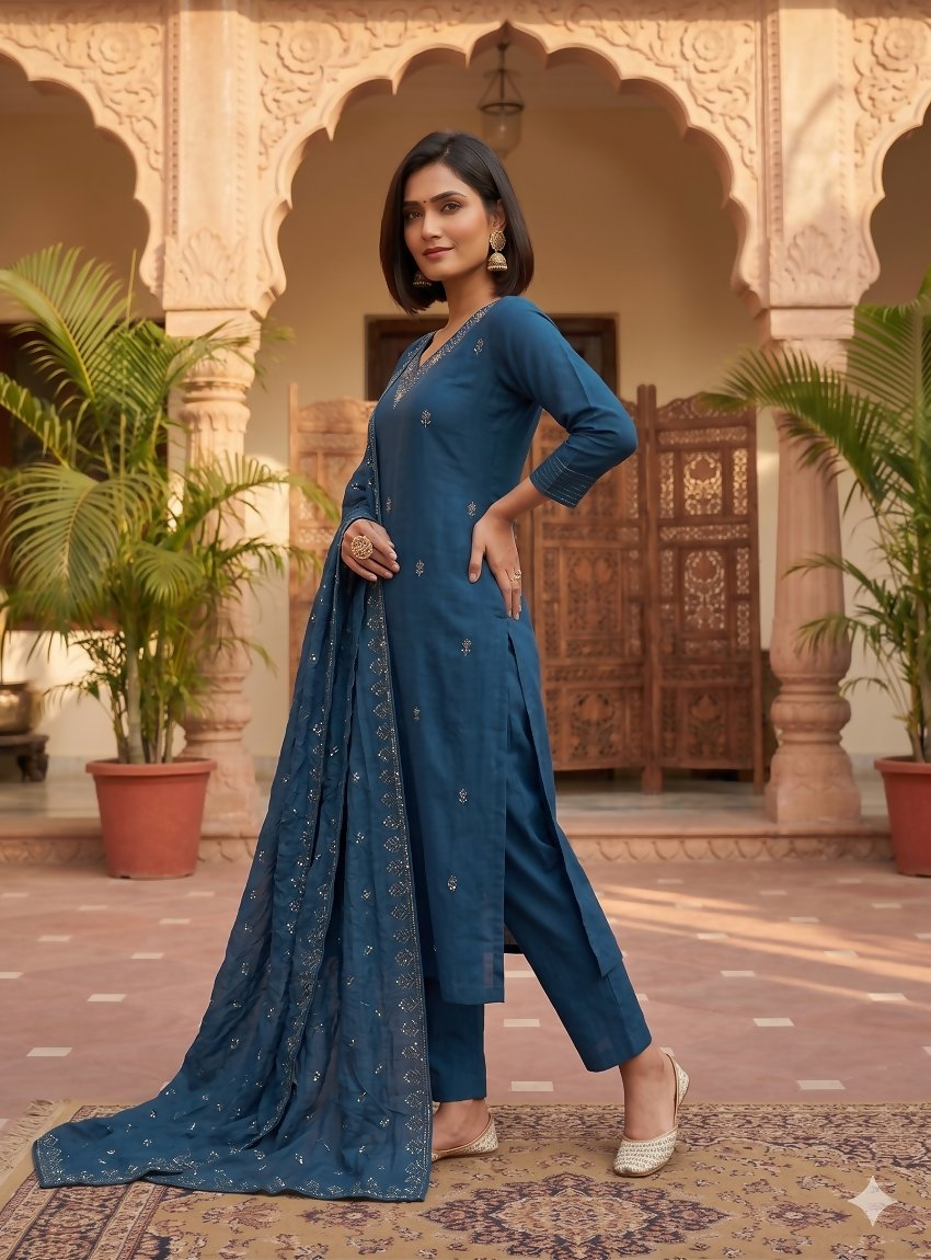 Teeya Creation Ready-To-Wear Dark Blue Chinon Salwar Suit Set With Thread And Sequence Work Set