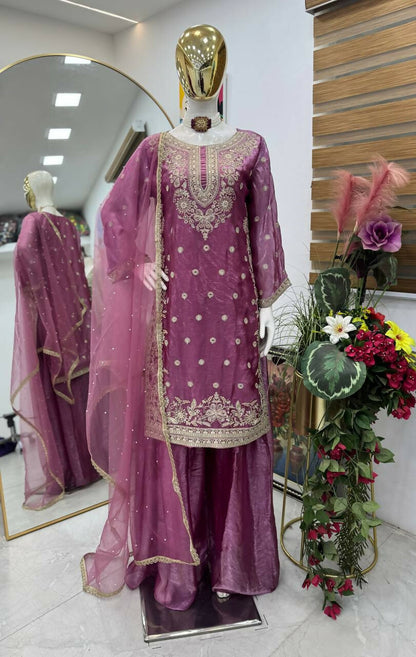Teeya Creation New Trendy Womens Wedding Wear Kurta Palazzo Set - Pink