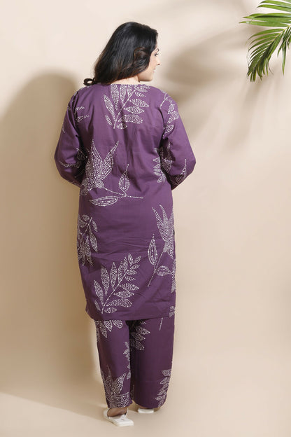 Breathables WomenS Purple Cotton Abstract Print Loungewear Co-Ord Set  Long Kurta & Pants