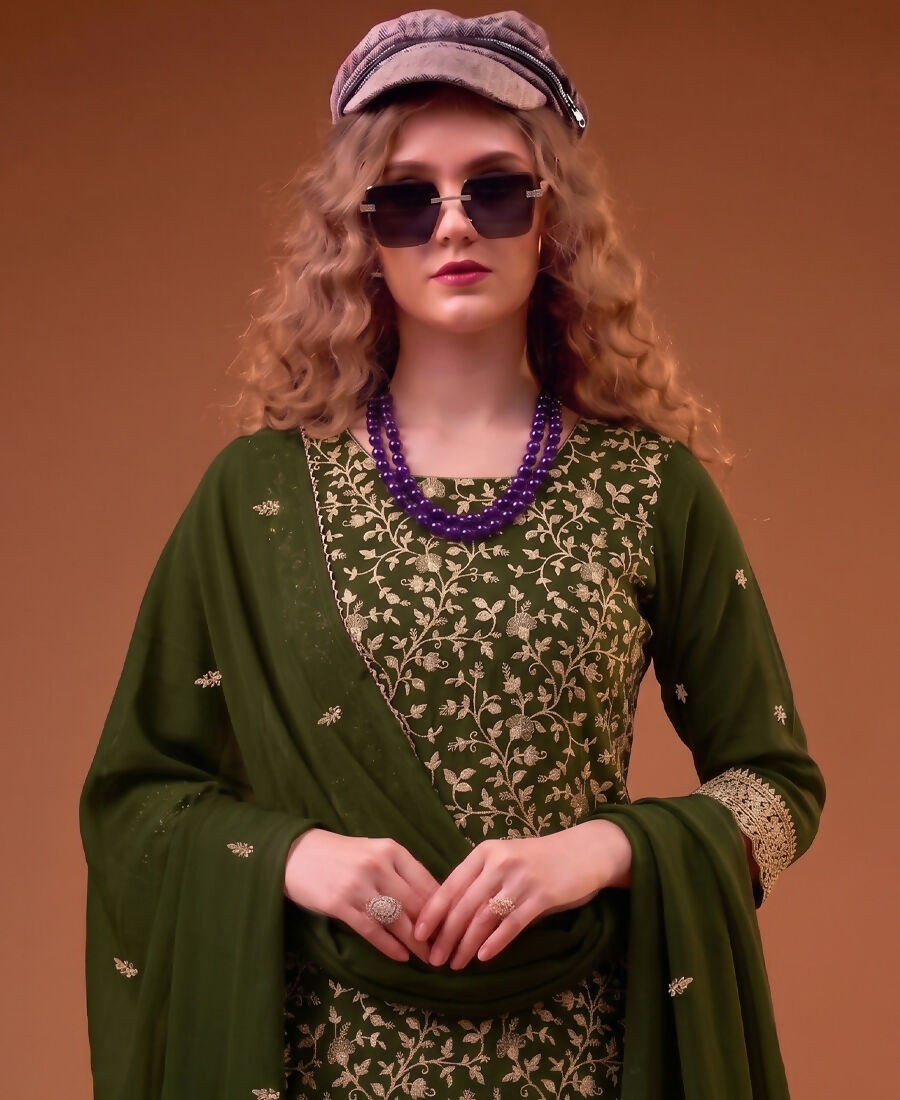 KC Mahendi Green Straight Suit For Women Georgette Fabric