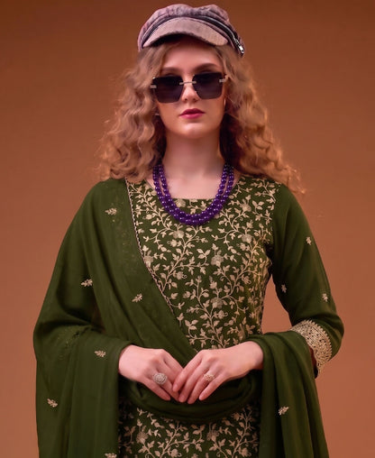 KC Mahendi Green Straight Suit For Women Georgette Fabric