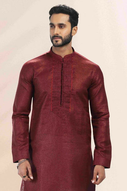 Raivat Ethnic Linen Cotton Pintux Work Kurta Pajama In Maroon Colour