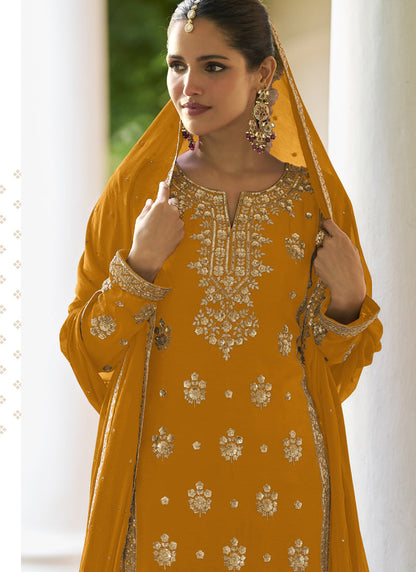 Vegaa Fashion Yellow Chinon Embroidered Designer Sharara Suit Stiched