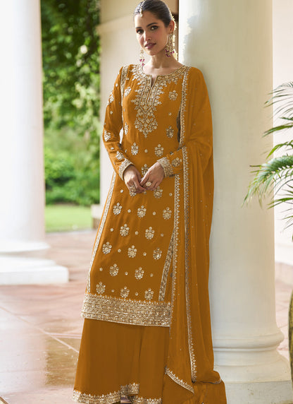 Vegaa Fashion Yellow Chinon Embroidered Designer Sharara Suit Stiched