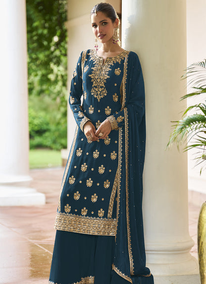 Vegaa Fashion Teal Chinon Embroidered Designer Sharara Suit Stiched