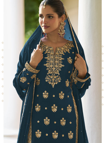 Vegaa Fashion Teal Chinon Embroidered Designer Sharara Suit Stiched