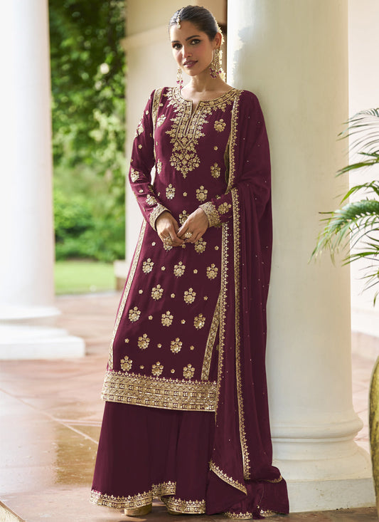 Vegaa Fashion Maroon Chinon Embroidered Designer Sharara Suit Stiched