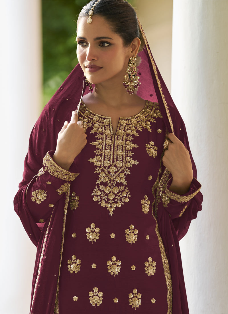 Vegaa Fashion Maroon Chinon Embroidered Designer Sharara Suit Stiched