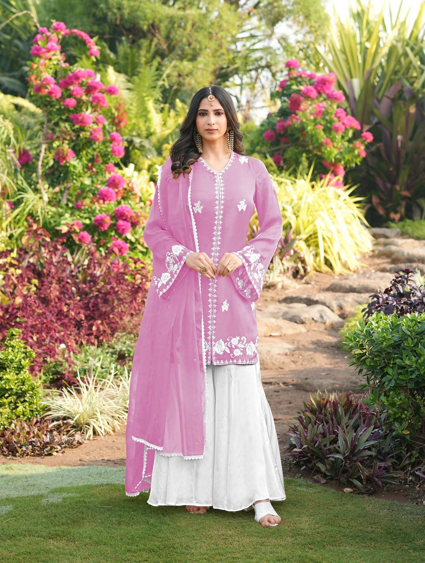 Nikhaar Light Pink Embroidered Modal Silk Stitched Straight Cut Kurta Kalidar Palazzo Dupatta Readymade Suit