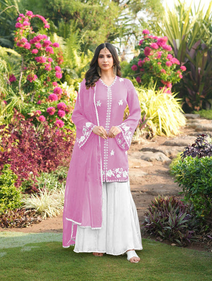 Nikhaar Light Pink Embroidered Modal Silk Stitched Straight Cut Kurta Kalidar Palazzo Dupatta Readymade Suit