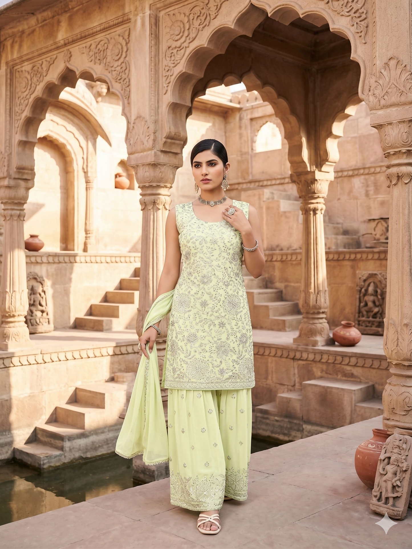 Teeya Creation Womens Georgette Green Embroidered Sharara Set With Sequence Work And Lace Border Dupatta