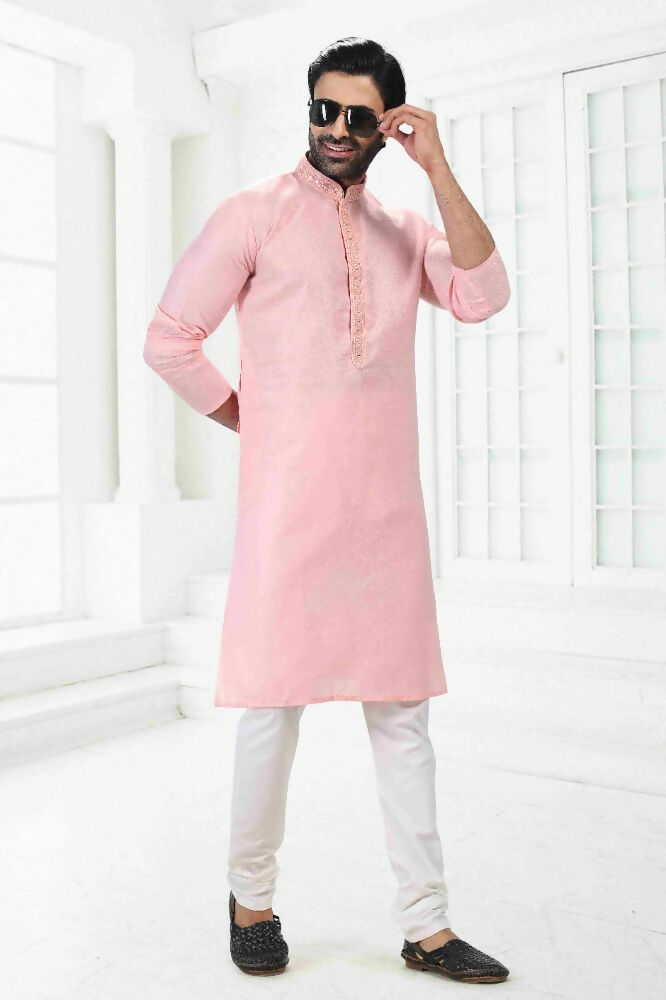 Raivat Ethnic Linen Cotton Thread Work Kurta Pajama In Pink Colour