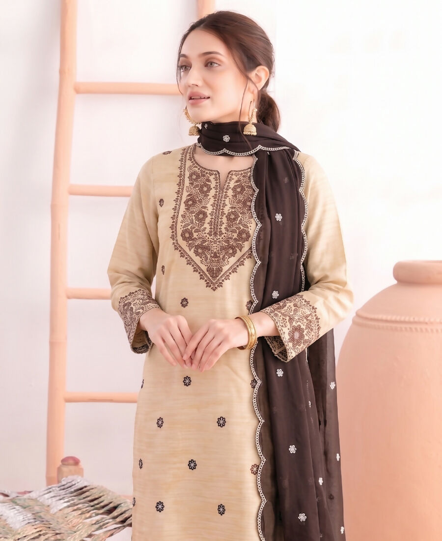 KC Khadi Cotton White Suit With Brown Dupatta 3 Piece Pair For Women