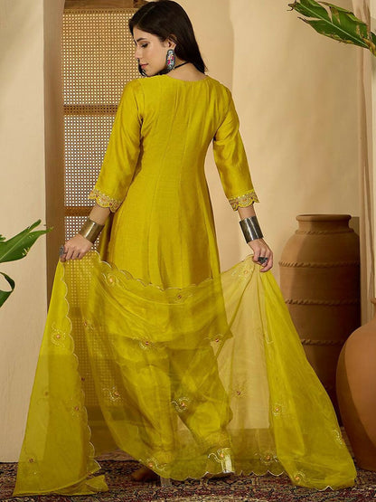 The52 Women's Beautiful Embroidery Work Vichitra Fabric A-line Kurta Pant and Dupatta Set-Yellow