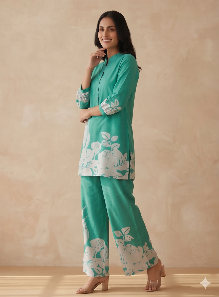 Teeya Creation Stylish Teal Casual Co-ord Set with Floral Print