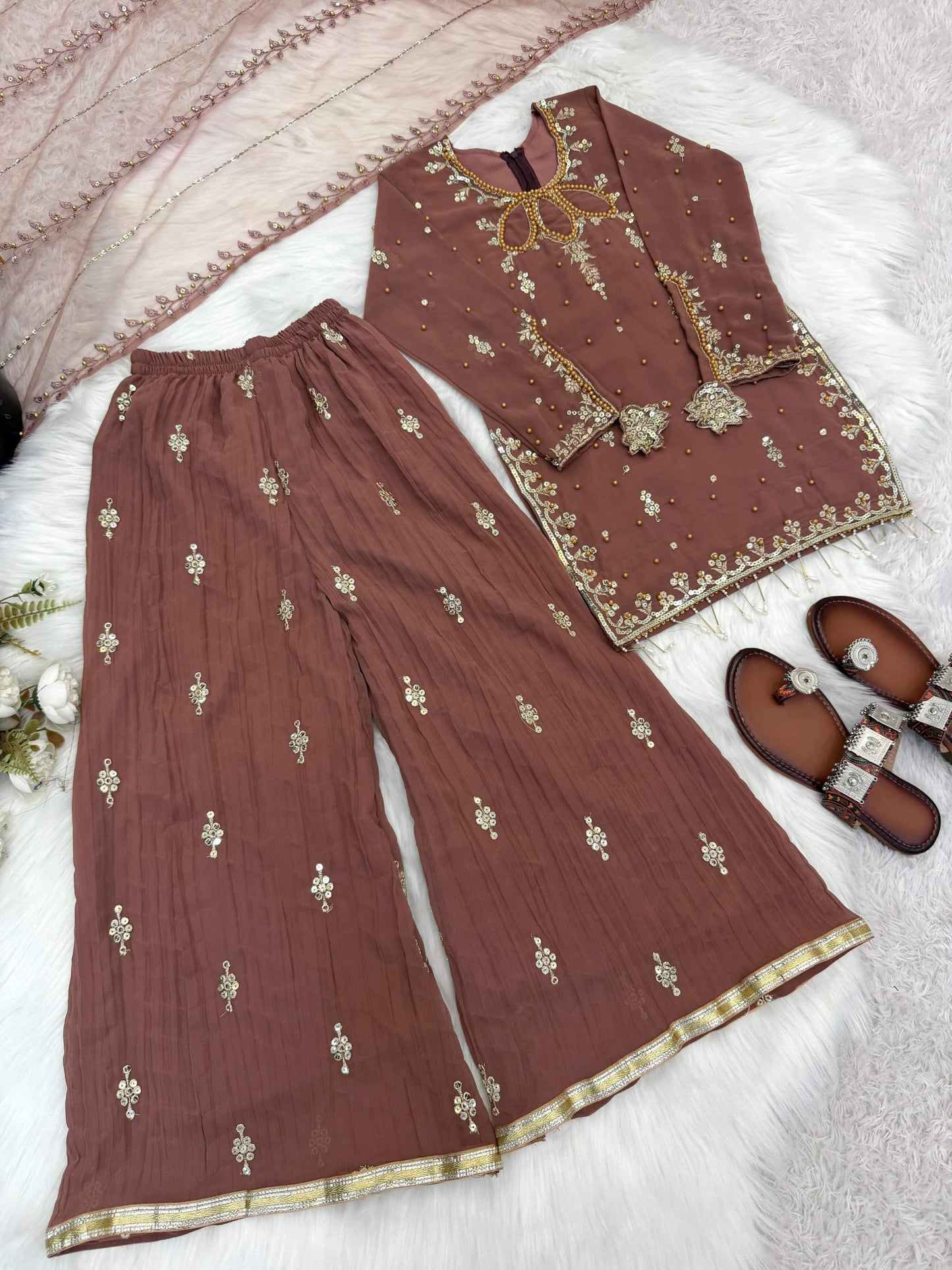 Teeya Creation New Latest Kids Trendy Ready to Wear Kurta Palazzo Set-Brown