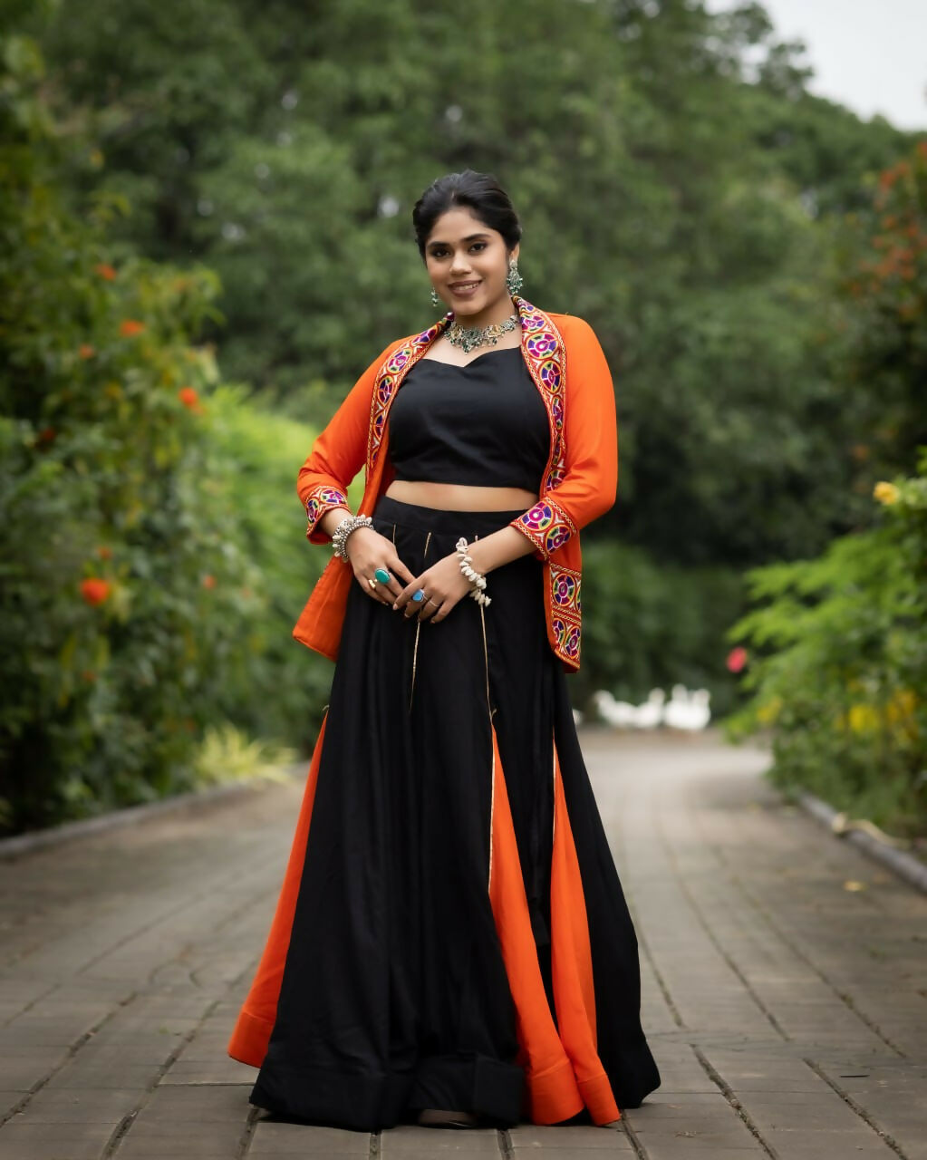 Yash Enterprise Orange Colored Rayon Cotton Embroidery Semi Stitched Navratri Top Chaniya Choli