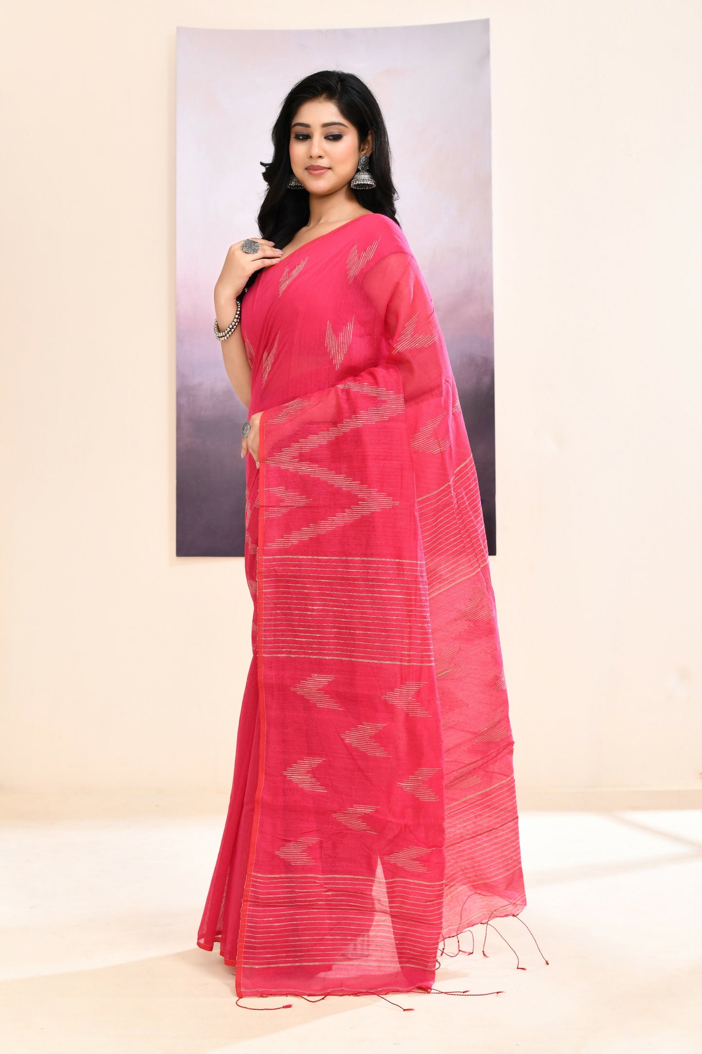 Piyari Fashion Women's Pink Embellished Cotton Blend Jamdani Saree