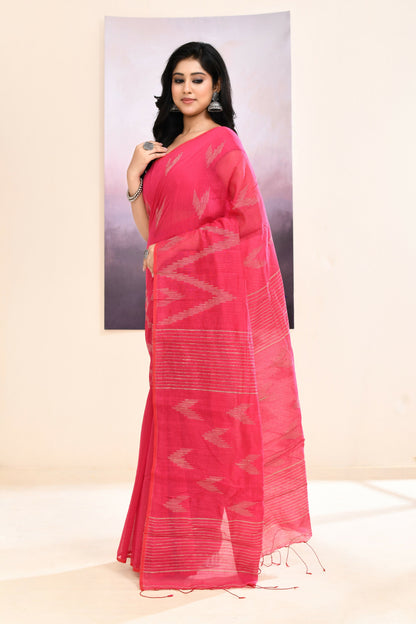 Piyari Fashion Women's Pink Embellished Cotton Blend Jamdani Saree