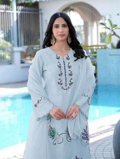 Nikhaar Light Blue Embroidered Art Silk Stitched Straight Cut Kurta Pants Dupatta Readymade Suit