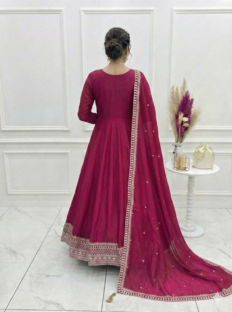 The52 Women's Gorgeous Embroidery Work Vichitra SIlk Fabric Flared Anarkali Dupatta Set
