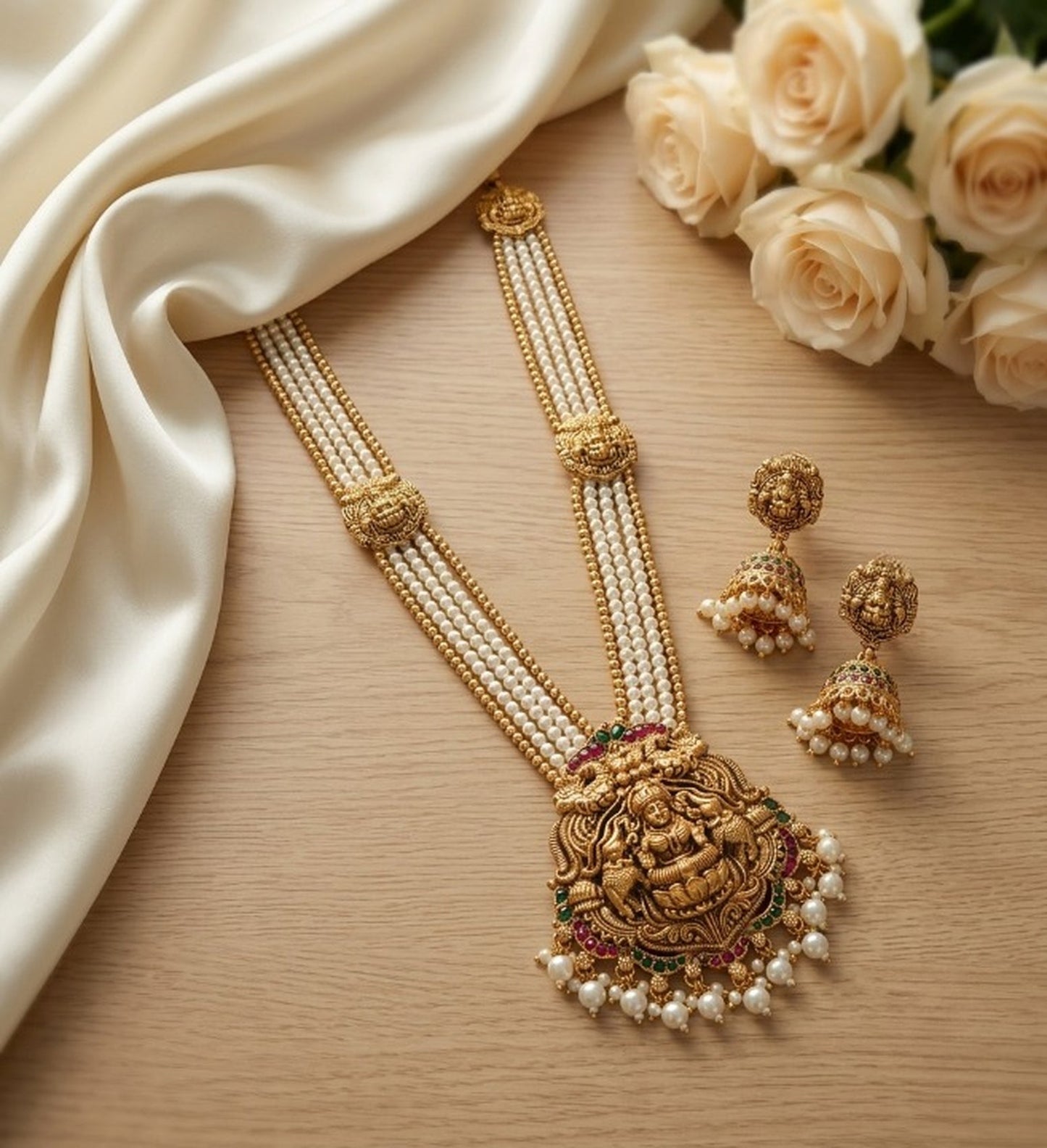 Jewel City Gold Plated South Indian Temple Jewelry Set - Pearl Mala Long Haram Necklace with Jhumka Earrings for Wedding