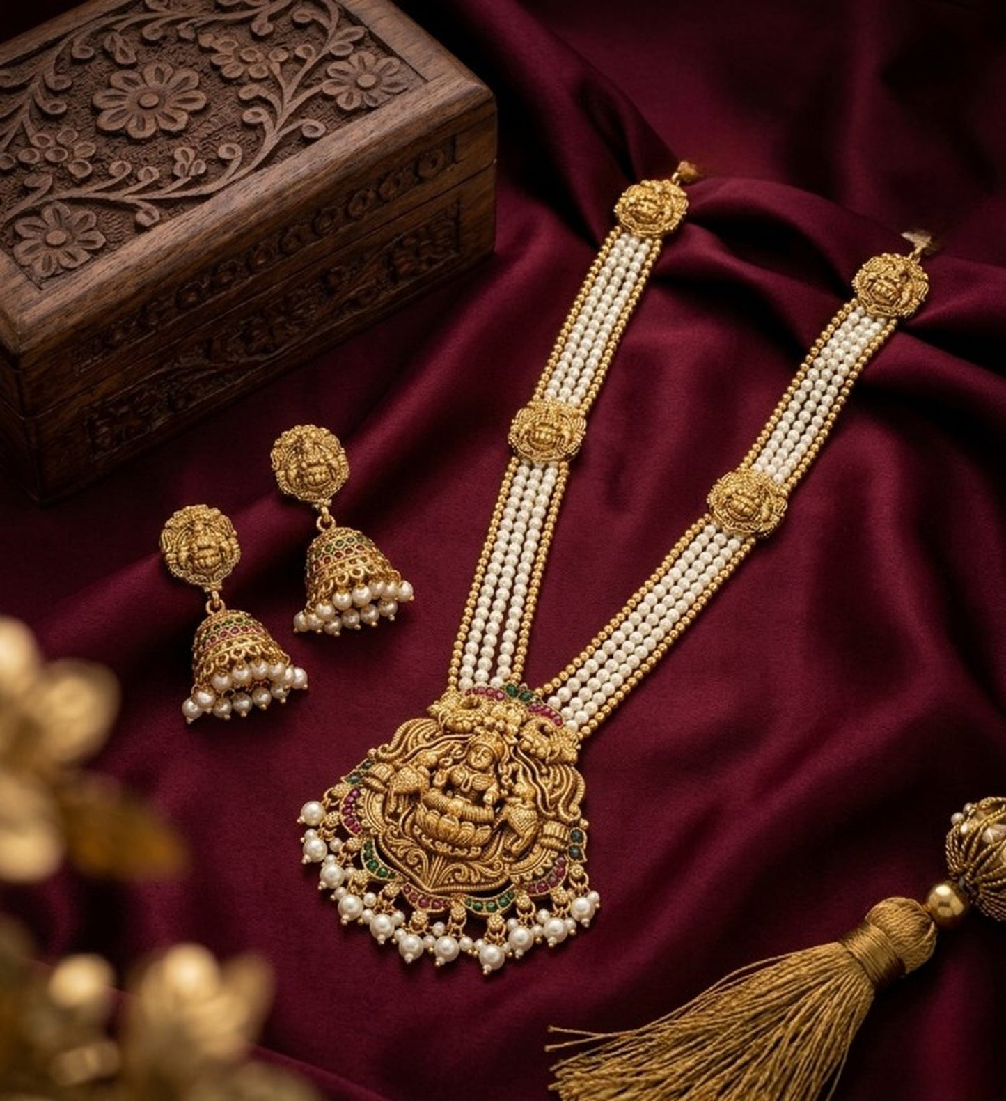 Jewel City Gold Plated South Indian Temple Jewelry Set - Pearl Mala Long Haram Necklace with Jhumka Earrings for Wedding