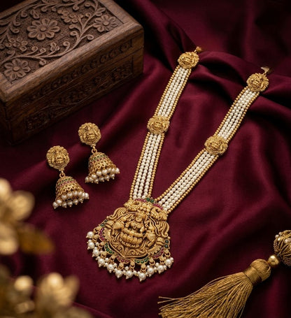 Jewel City Gold Plated South Indian Temple Jewelry Set - Pearl Mala Long Haram Necklace with Jhumka Earrings for Wedding