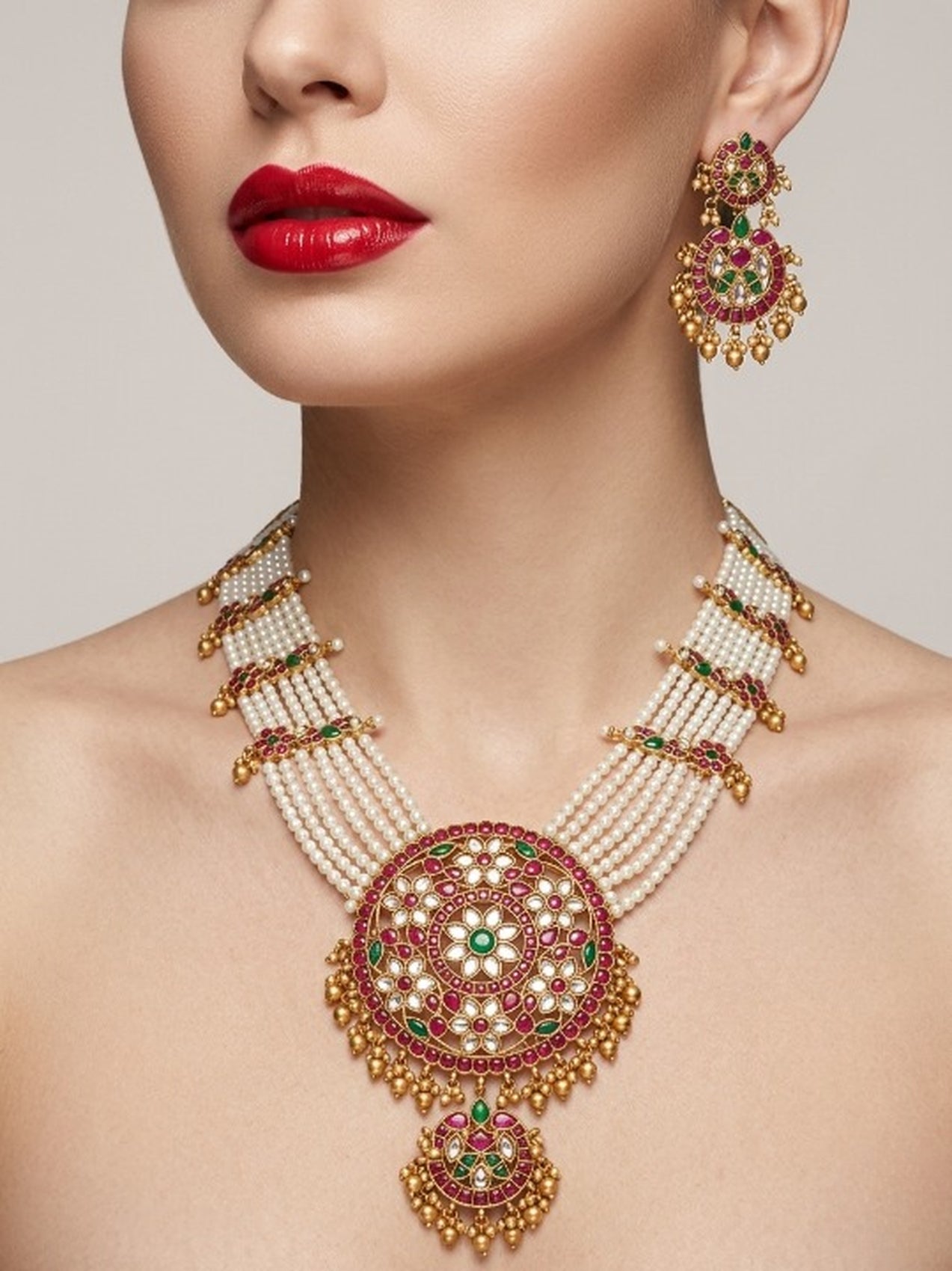 Jewel City Gold Plated Long Kundan Haram Pearl Necklace Set with Round Pendant & Earrings for Indian Bridal Wedding Jewelry