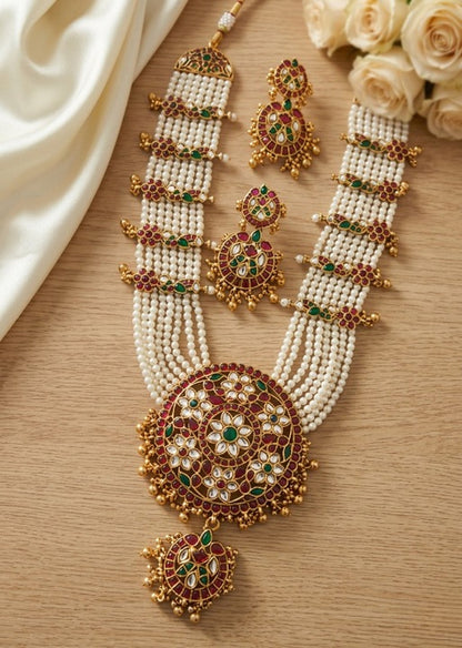 Jewel City Gold Plated Long Kundan Haram Pearl Necklace Set with Round Pendant & Earrings for Indian Bridal Wedding Jewelry