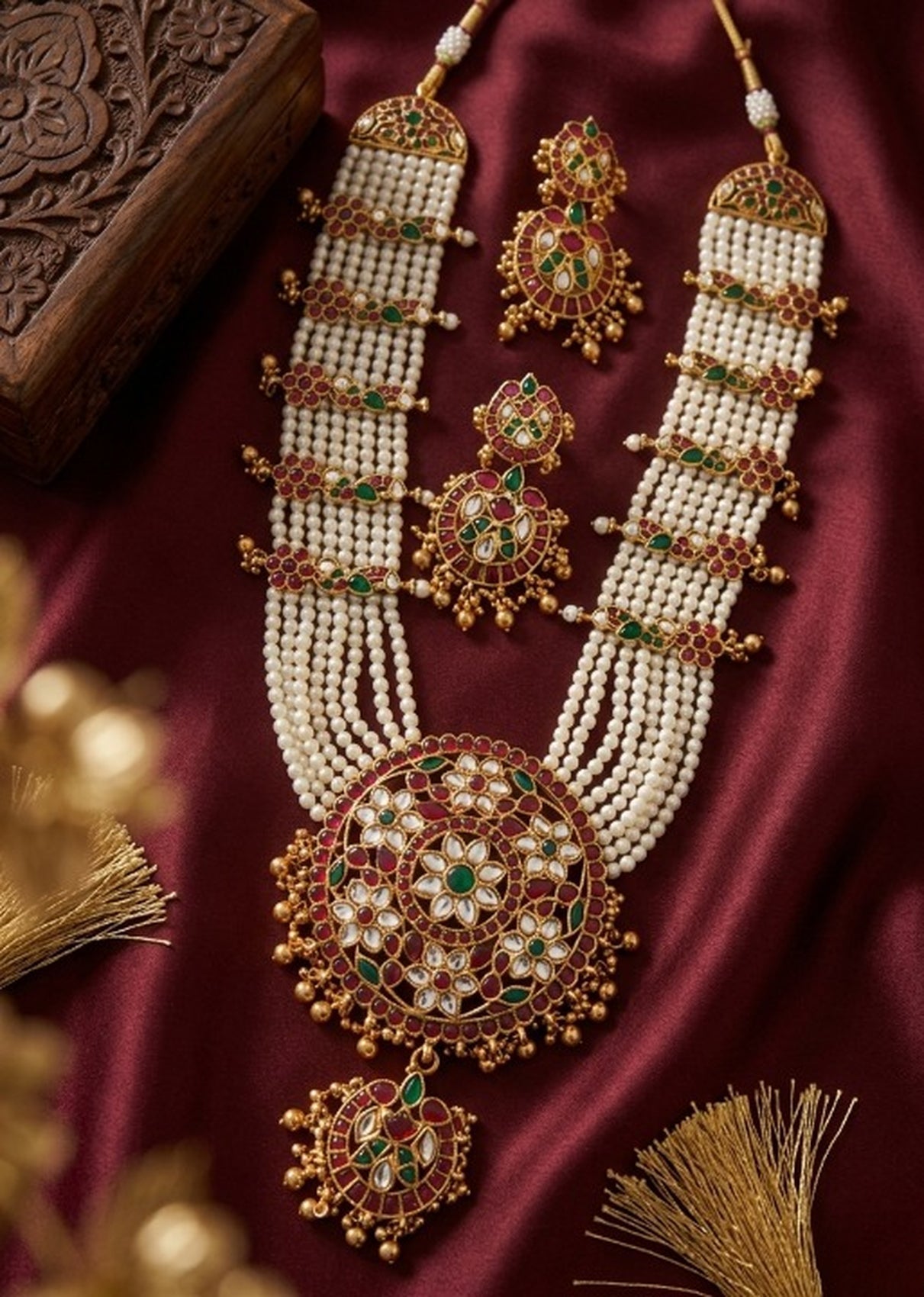 Jewel City Gold Plated Long Kundan Haram Pearl Necklace Set with Round Pendant & Earrings for Indian Bridal Wedding Jewelry
