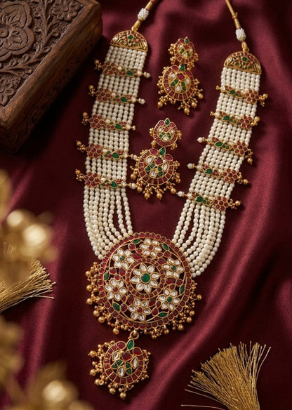 Jewel City Gold Plated Long Kundan Haram Pearl Necklace Set with Round Pendant & Earrings for Indian Bridal Wedding Jewelry