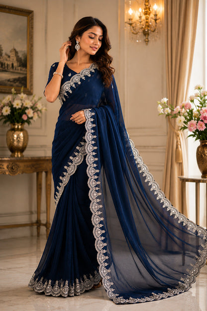 Dwija Fashion Navy Blue Party Wear Embroidered Shimmer Chifon Saree With Unstitched Blouse