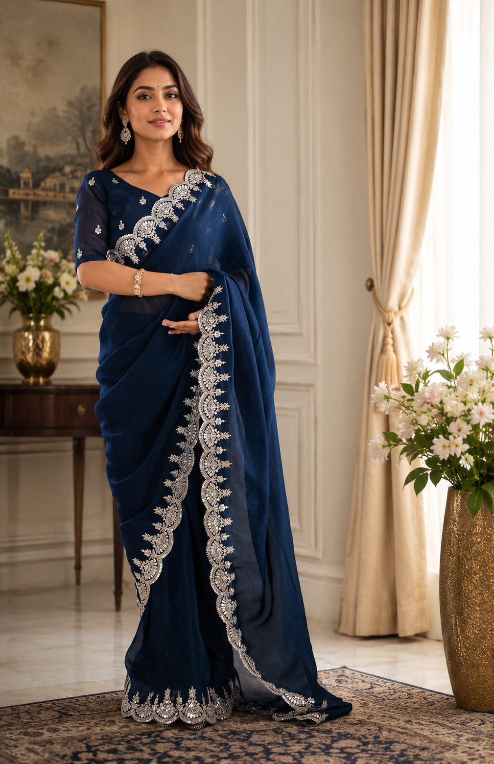 Dwija Fashion Navy Blue Party Wear Embroidered Shimmer Chifon Saree With Unstitched Blouse
